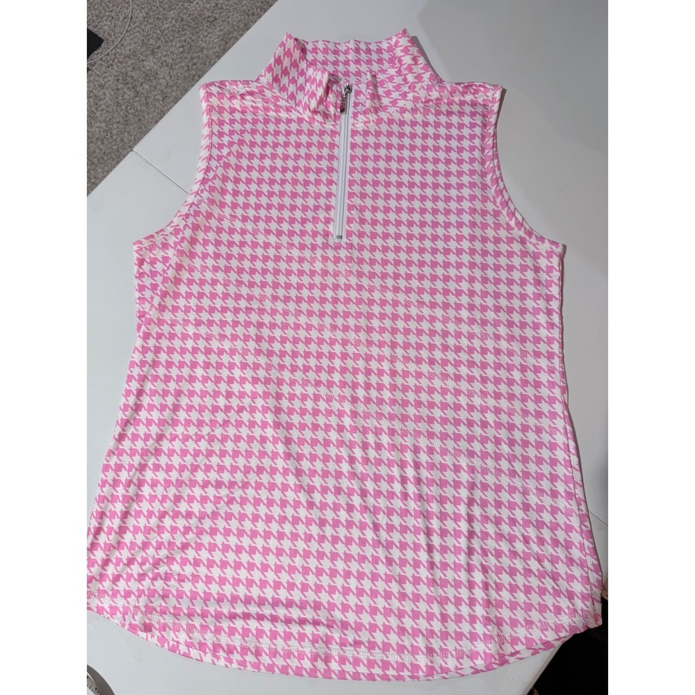 Pink Houndstooth Sleeveless Golf Polo Mock Neck Quarter Zip Top Women Large